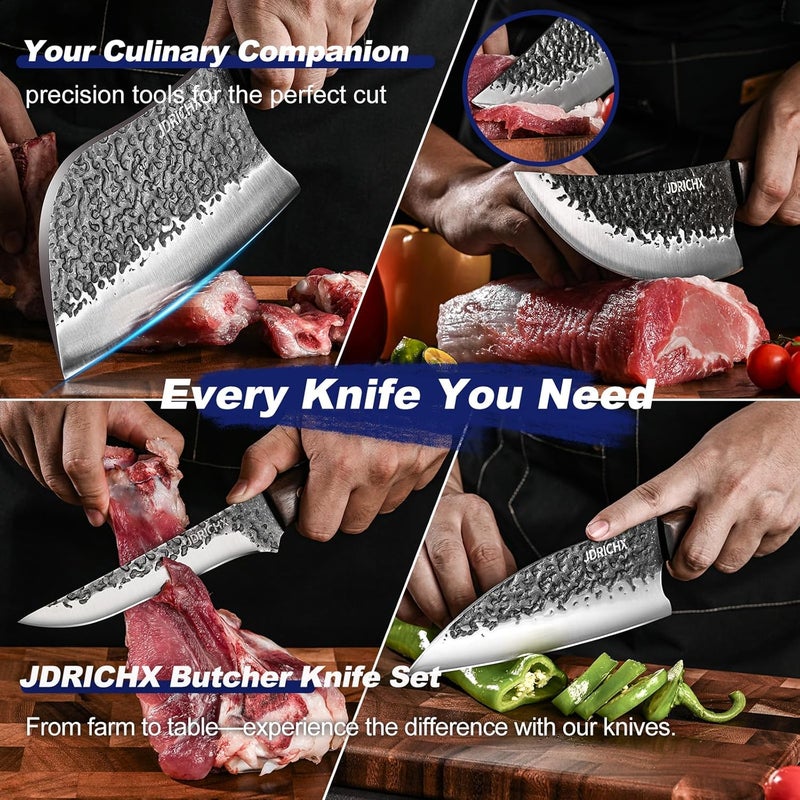 JDRICHX Butcher Knife Set,4 PCS Heavy Duty Hand Forged Serbian Chef Knife Meat Cleaver Boning Viking Knife Set-Full Tang High Carbon Steel for Home Cooking Outdoor BBQ Camping Gift Idea - Image 4